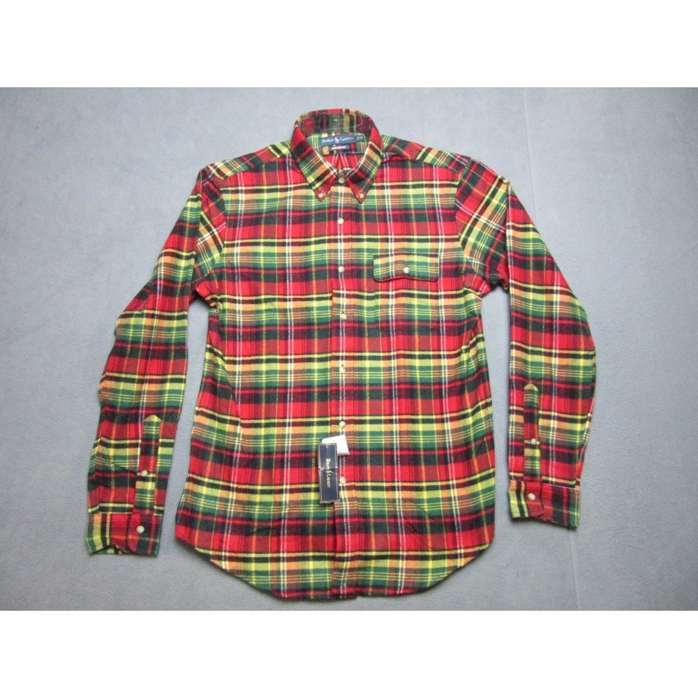Ralph Lauren Shirt Mens Medium Red Yellow Plaid Flannel Pocket Button Down New